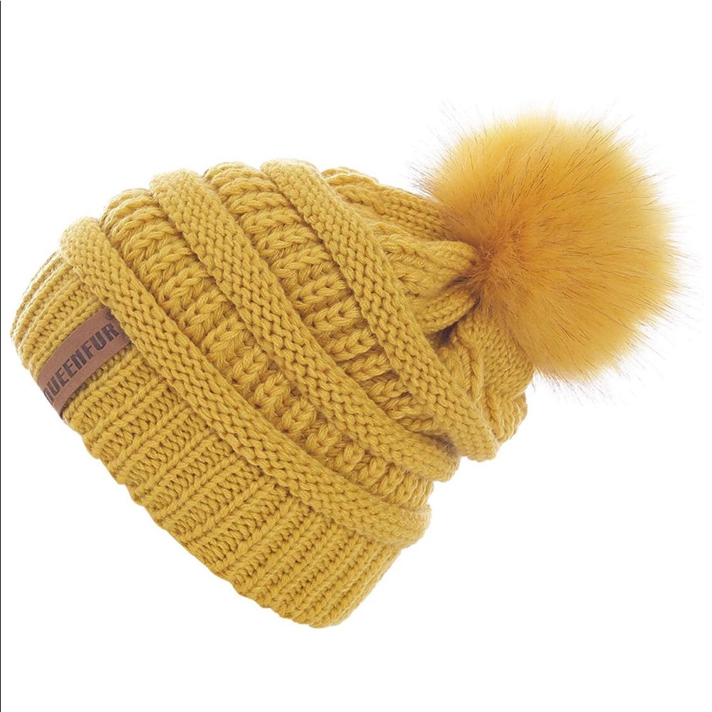 Mustard 5⭐️ Rated Slouchy Knit Beanie w Fur PomPom